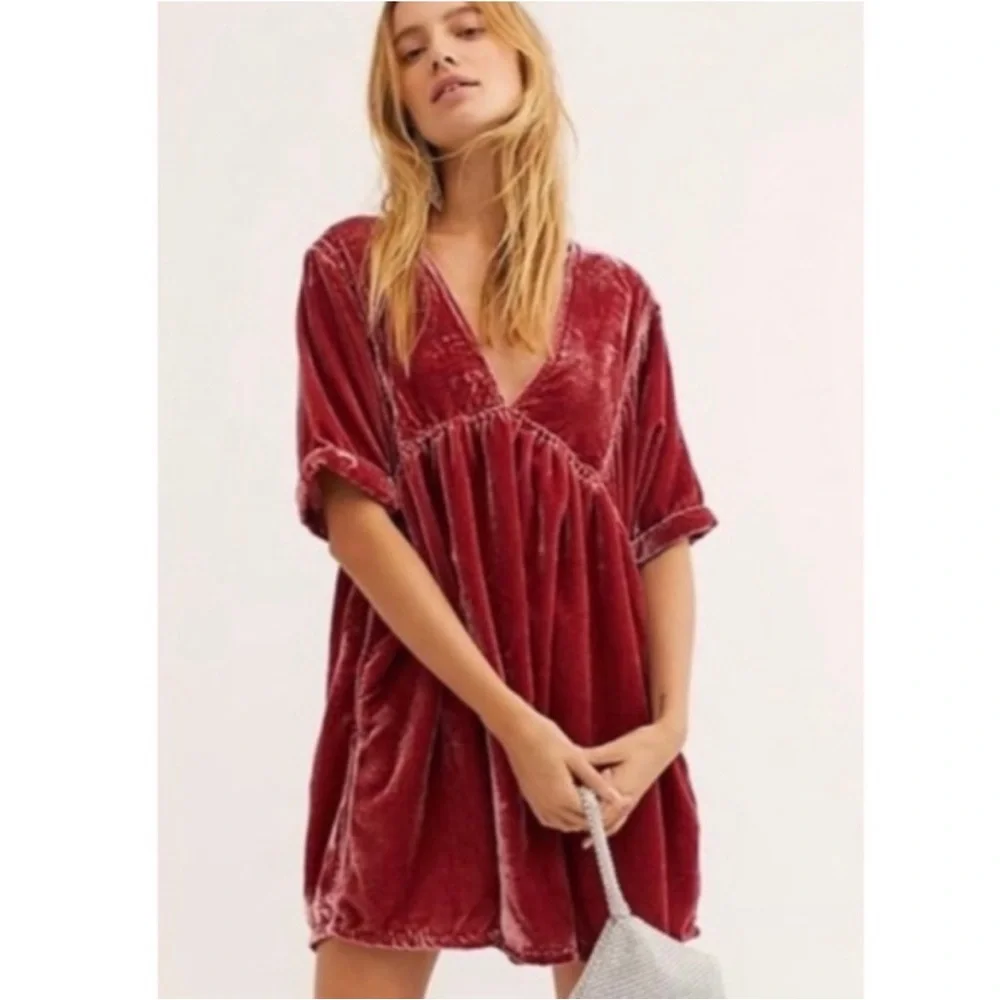 Free People Ivy Rose Smoke Velvet Tie Back Plunge Babydoll Mini Dress XS